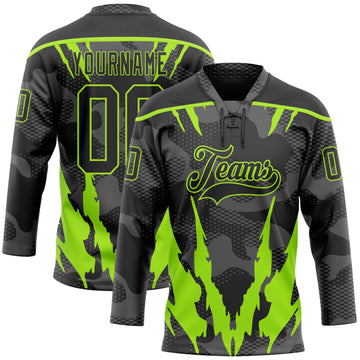 Custom Camo Black-Neon Green 3D Camouflage Hockey Lace Neck Jersey