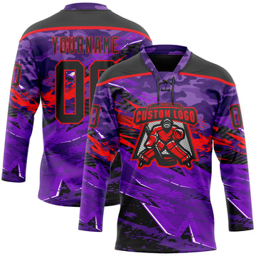 Custom Camo Black Purple-Fire Red 3D Camouflage Grunge Hockey Lace Neck Jersey