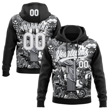 Custom Stitched Black White-Gray 3D Pattern Design Religion Jesus Christ Pullover Sweatshirt Hoodie