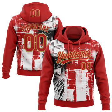 Custom Stitched Red Old Gold Black-White 3D Pattern Design Religion Jesus Christ Pullover Sweatshirt Hoodie