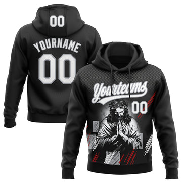 Custom Stitched Black White Gray-Red 3D Pattern Design Religion Jesus Christ Pullover Sweatshirt Hoodie