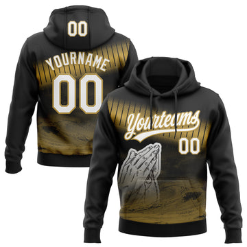 Custom Stitched Black White-Old Gold 3D Pattern Design Religion Praying Hands Pullover Sweatshirt Hoodie