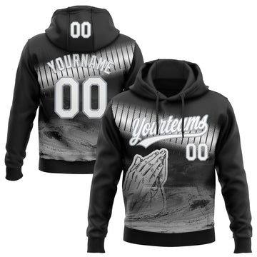 Custom Stitched Black White-Gray 3D Pattern Design Religion Praying Hands Pullover Sweatshirt Hoodie