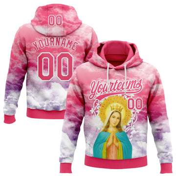 Custom Stitched Neon Pink Purple-White 3D Pattern Design Religion The Virgin Mary Pullover Sweatshirt Hoodie