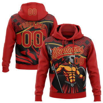 Custom Stitched Red Black-Old Gold 3D Pattern Design Knight Pullover Sweatshirt Hoodie