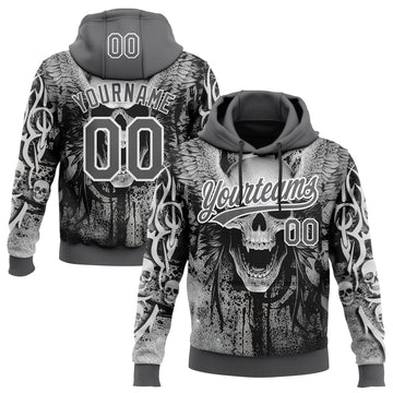 Custom Stitched Steel Gray Black-White 3D Skull Pattern Pullover Sweatshirt Hoodie