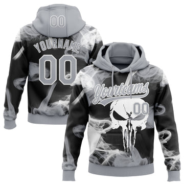 Custom Stitched Gray Black-White 3D Skull Pattern Pullover Sweatshirt Hoodie