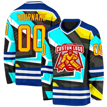 Custom Black Yellow Blue Royal Red-White 3D Pattern Cyber Mecha E-sport Hockey Jersey