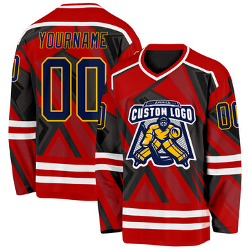Custom Red Navy Black Gold-White 3D Pattern Cyber Mecha E-sport Hockey Jersey