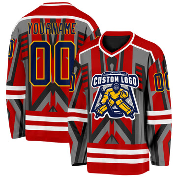Custom Red Navy Black Gray Gold-White 3D Pattern Cyber Mecha E-sport Hockey Jersey