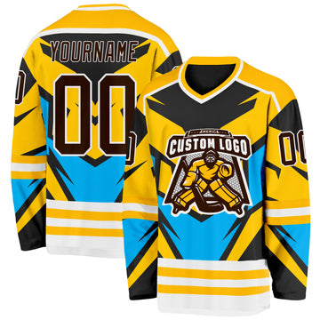 Custom Gold Brown Blue Black-White 3D Pattern Cyber Mecha E-sport Hockey Jersey