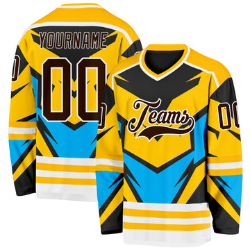 Custom Gold Brown Blue Black-White 3D Pattern Cyber Mecha E-sport Hockey Jersey