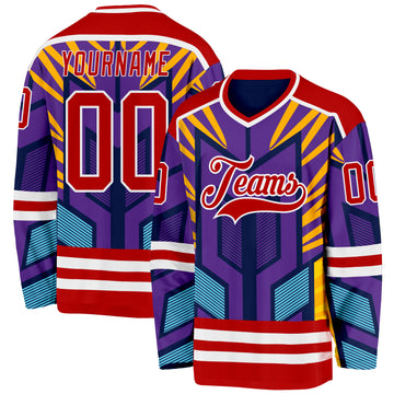 Custom Purple Red Yellow Blue-White 3D Pattern Cyber Mecha E-sport Hockey Jersey