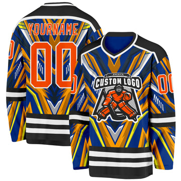Custom Royal Orange Yellow Black-White 3D Pattern Cyber Mecha E-sport Hockey Jersey