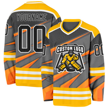 Custom Gray Black Gold Orange-White 3D Pattern Cyber Mecha E-sport Hockey Jersey