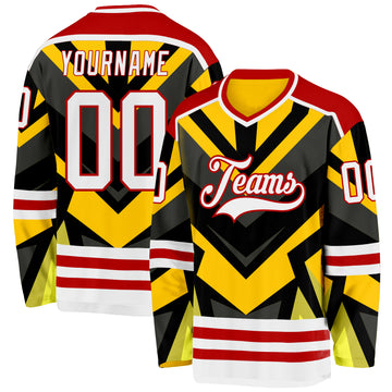 Custom Gold White Black-Red 3D Pattern Cyber Mecha E-sport Hockey Jersey
