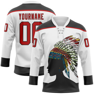 Custom White Red-Black 3D Pattern Native Americans Tribal Indigenous People Hockey Lace Neck Jersey