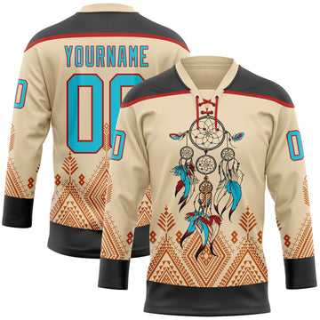 Custom City Cream Lakes Blue Black-Red 3D Pattern Native Americans Tribal Indigenous People Hockey Lace Neck Jersey
