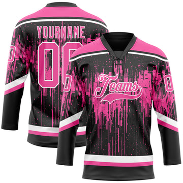 Custom Black Pink Steel Gray-White 3D Pattern Dripping Splatter Hockey Lace Neck Jersey