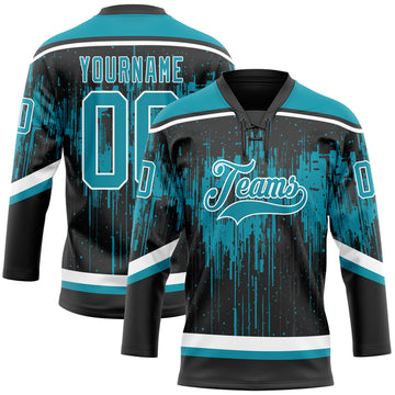 Custom Black Teal Steel Gray-White 3D Pattern Dripping Splatter Hockey Lace Neck Jersey