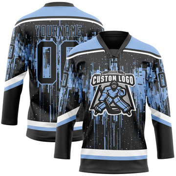 Custom Black Light Blue Steel Gray-White 3D Pattern Dripping Splatter Hockey Lace Neck Jersey
