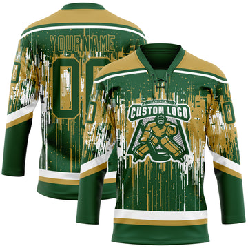 Custom Green Old Gold-White 3D Pattern Dripping Splatter Hockey Lace Neck Jersey