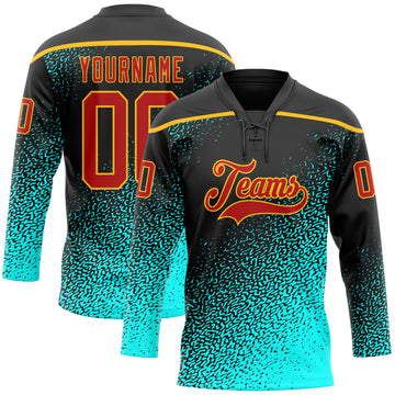 Custom Black Red Blue-Gold 3D Pattern Abstract Gradient Halftone Hockey Lace Neck Jersey