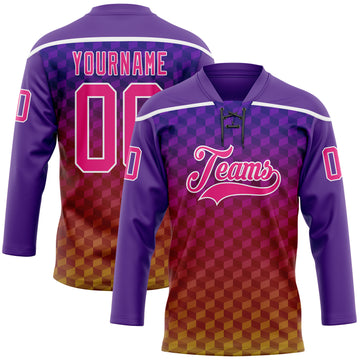 Custom Purple Hot Pink Old Gold-White 3D Pattern Abstract Gradient Halftone Hockey Lace Neck Jersey