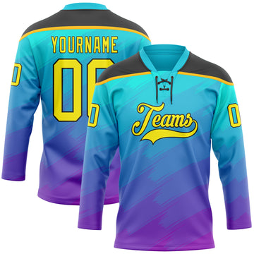 Custom Lakes Blue Light Yellow Purple Gold-Black 3D Pattern Abstract Gradient Halftone Hockey Lace Neck Jersey
