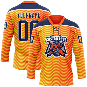 Custom Orange Navy Yellow-White 3D Pattern Abstract Gradient Halftone Hockey Lace Neck Jersey