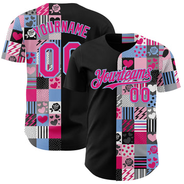 Custom Black Hot Pink-Light Blue Valentine's Day Love Heart Authentic Baseball Jersey