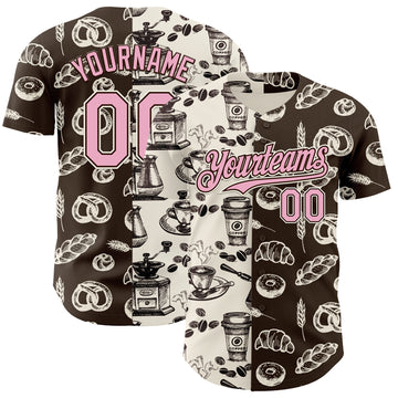 Custom Brown Light Pink-Cream Valentine's Day Bagel Meets Coffee Authentic Baseball Jersey