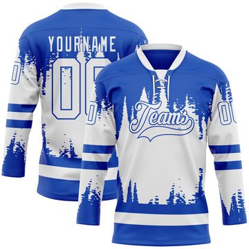 Custom Thunder Blue White 3D Pattern Abstract Splatter Paint Hockey Lace Neck Jersey
