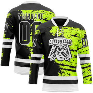 Custom Black Green-White 3D Pattern Abstract Splatter Paint Hockey Lace Neck Jersey
