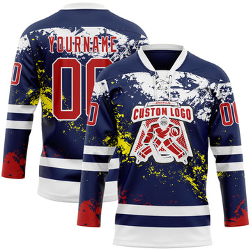 Custom Navy Red Yellow-White 3D Pattern Abstract Splatter Paint Hockey Lace Neck Jersey