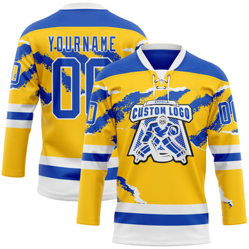 Custom Yellow Thunder Blue-White 3D Pattern Abstract Splatter Paint Torn Paper Style Hockey Lace Neck Jersey