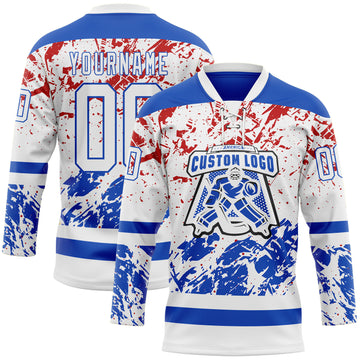 Custom White Thunder Blue-Red 3D Pattern Abstract Splatter Paint Hockey Lace Neck Jersey