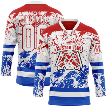 Custom White Red-Thunder Blue 3D Pattern Abstract Splatter Paint Hockey Lace Neck Jersey