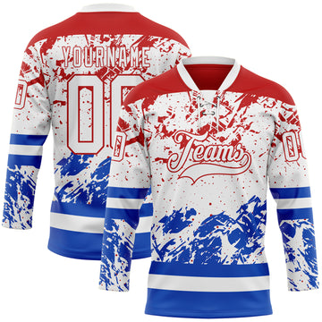 Custom White Red-Thunder Blue 3D Pattern Abstract Splatter Paint Hockey Lace Neck Jersey