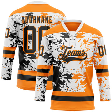 Custom Bay Orange Black-White 3D Pattern Abstract Splatter Paint Hockey Lace Neck Jersey