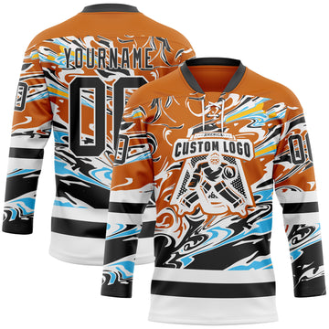 Custom Texas Orange Black Blue Yellow-White 3D Pattern Abstract Splatter Paint Hockey Lace Neck Jersey