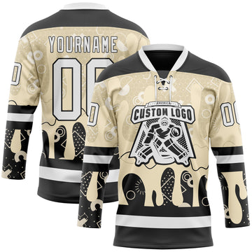 Custom City Cream White-Black 3D Pattern Abstract Splatter Paint Hockey Lace Neck Jersey