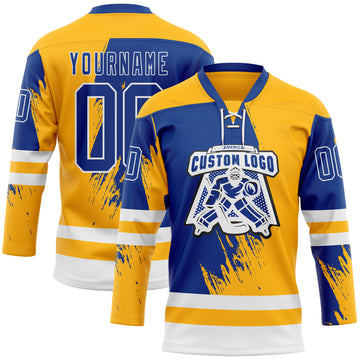 Custom Gold Royal-White 3D Pattern Abstract Splatter Paint Hockey Lace Neck Jersey