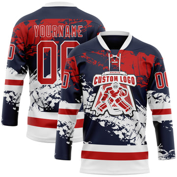 Custom Navy Red-White 3D Pattern Abstract Splatter Paint Hockey Lace Neck Jersey