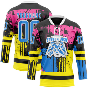Custom Black Powder Blue Pink Yellow-White 3D Pattern Abstract Splatter Paint Hockey Lace Neck Jersey
