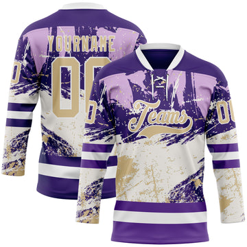 Custom Purple Vegas Gold-White 3D Pattern Abstract Splatter Paint Hockey Lace Neck Jersey