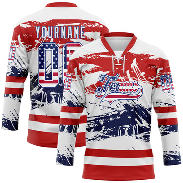 Custom White USA Flag Red-Royal 3D Pattern Abstract Splatter Paint Hockey Lace Neck Jersey