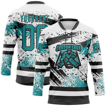 Custom White Teal-Black 3D Pattern Abstract Splatter Paint Hockey Lace Neck Jersey