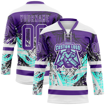 Custom Purple Green-White 3D Pattern Abstract Splatter Paint Grunge Hockey Lace Neck Jersey