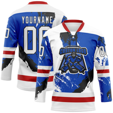 Custom White Thunder Blue Red-Black 3D Pattern Abstract Splatter Paint Hockey Lace Neck Jersey